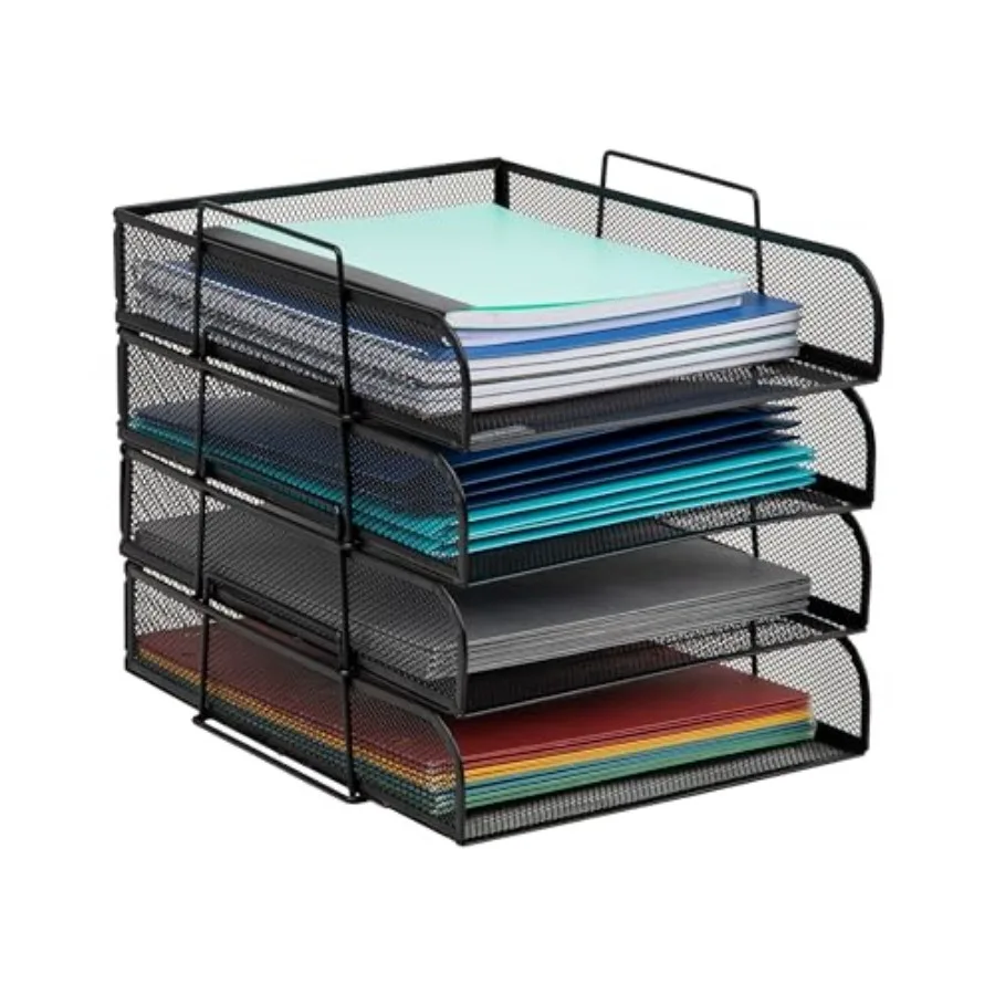 

Stackable Paper Tray, Desktop Organizer, File Storage, Office, Metal Mesh, 10.5" L x 13.5" W x 11.25" H, 4 Pcs., Black