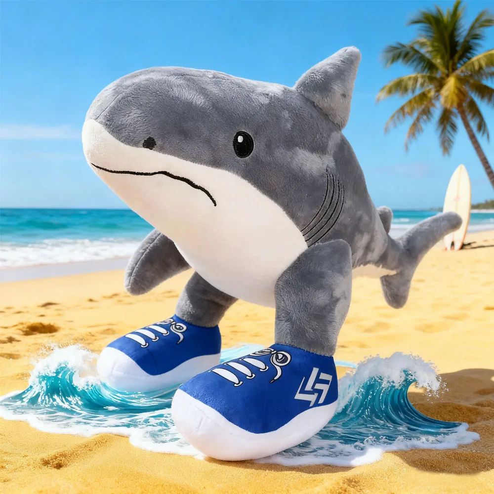 

Плюшевая игрушка-акула с кроссовками, милая серо-белая мягкая игрушка-акула в синей обуви, уникальная плюшевая игрушка-акула для бега для детей