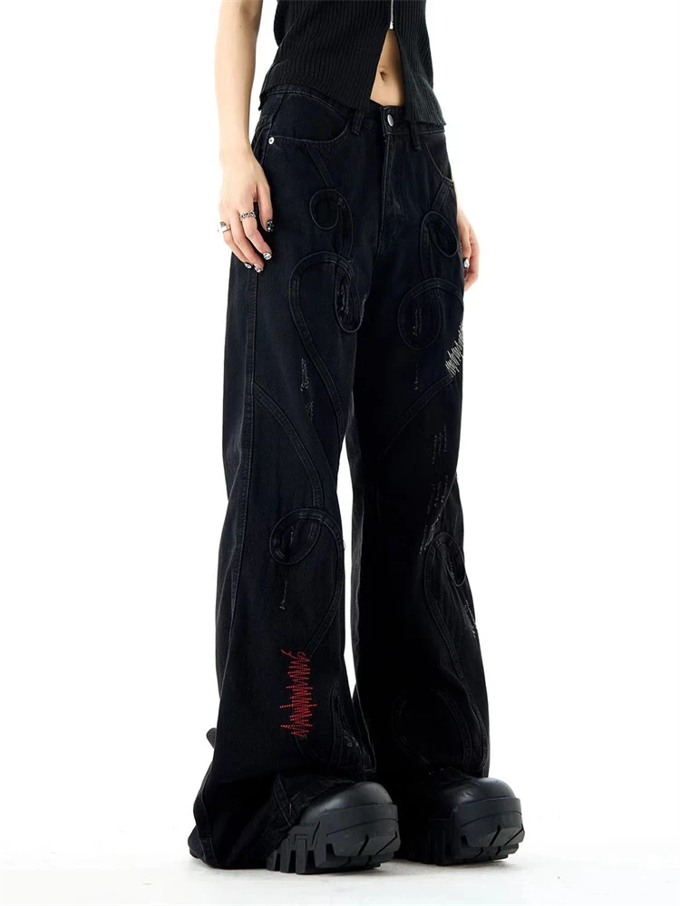 

Women's Embroidered Patchwork Design Micro Flared Jeans Streetwear High Waisted Cowboy Trouser Casual Y2K Straight Denim Pants