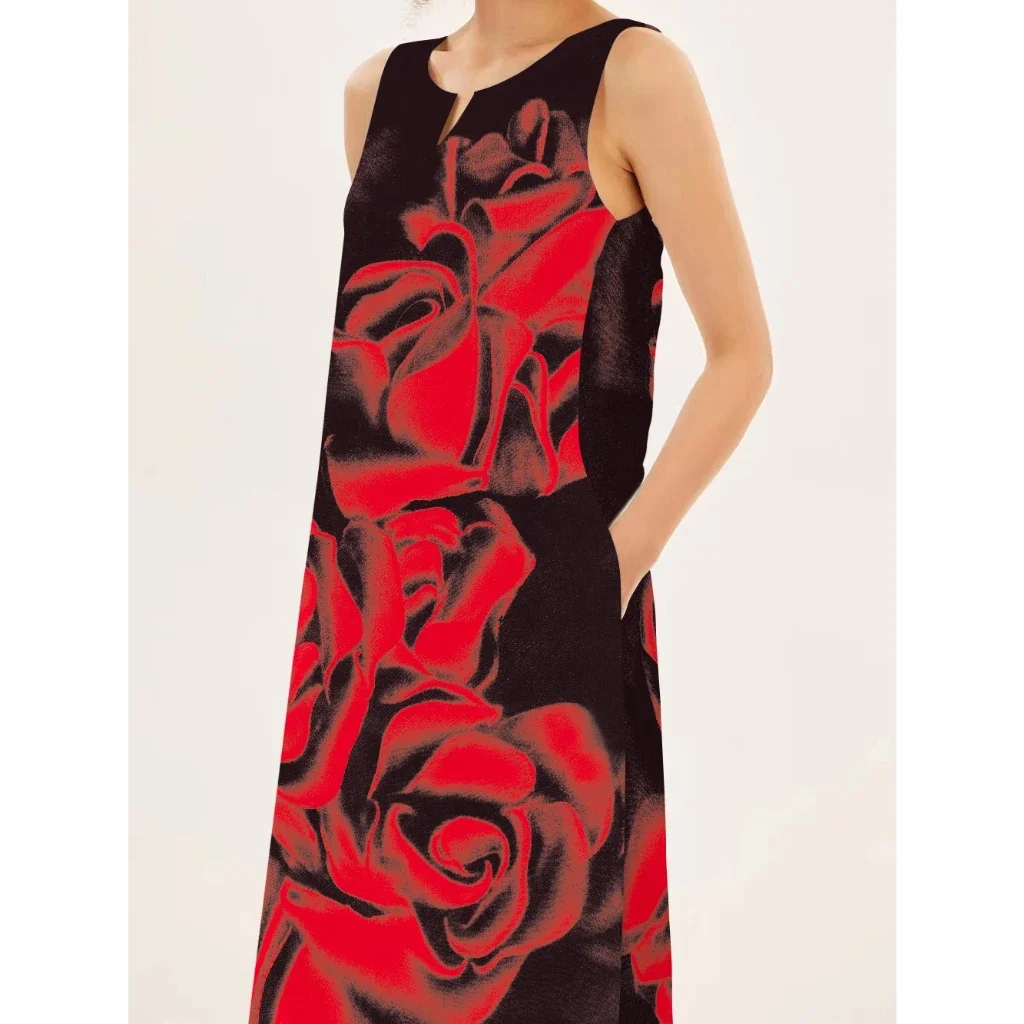 Women Romantic Red Rose Print Long Dresses For Women V-Neck Pocket Long Sleeveless Tank Dress