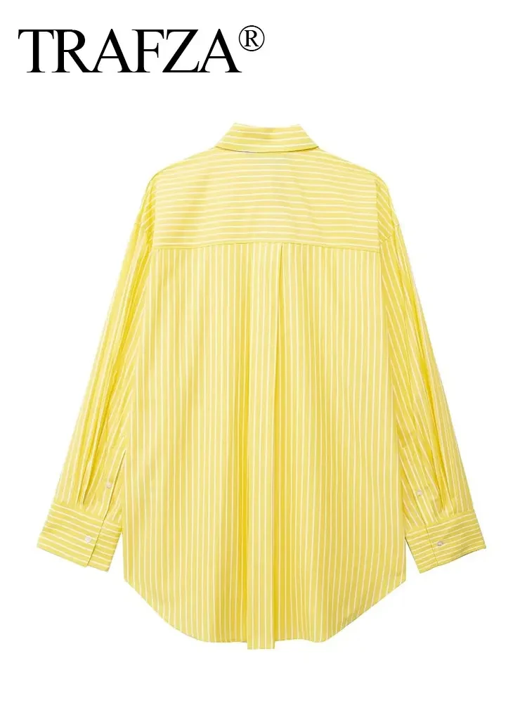 TRAFZA Striped Yellow Blouse For Women Loose Casual Single Breasted Long Sleeve Shirt Fashion Woman High Street Chic Top Blouses