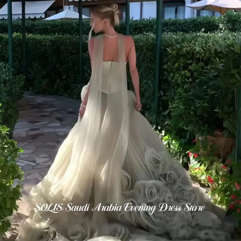 

SOLIS Gray Evening Dresses Strapless Party Dresses A Line vestidos de fiesta with 3D Floral Tulle Train Prom Gowns Customized