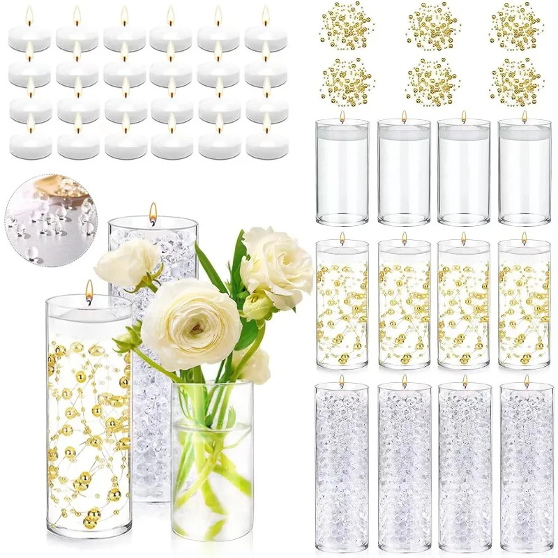 

12 Set Glass Cylinder Vases for Centerpieces with 80000 Clear Water Vase Filler Gel Beads 24 White Floating Candles 6 Pearl