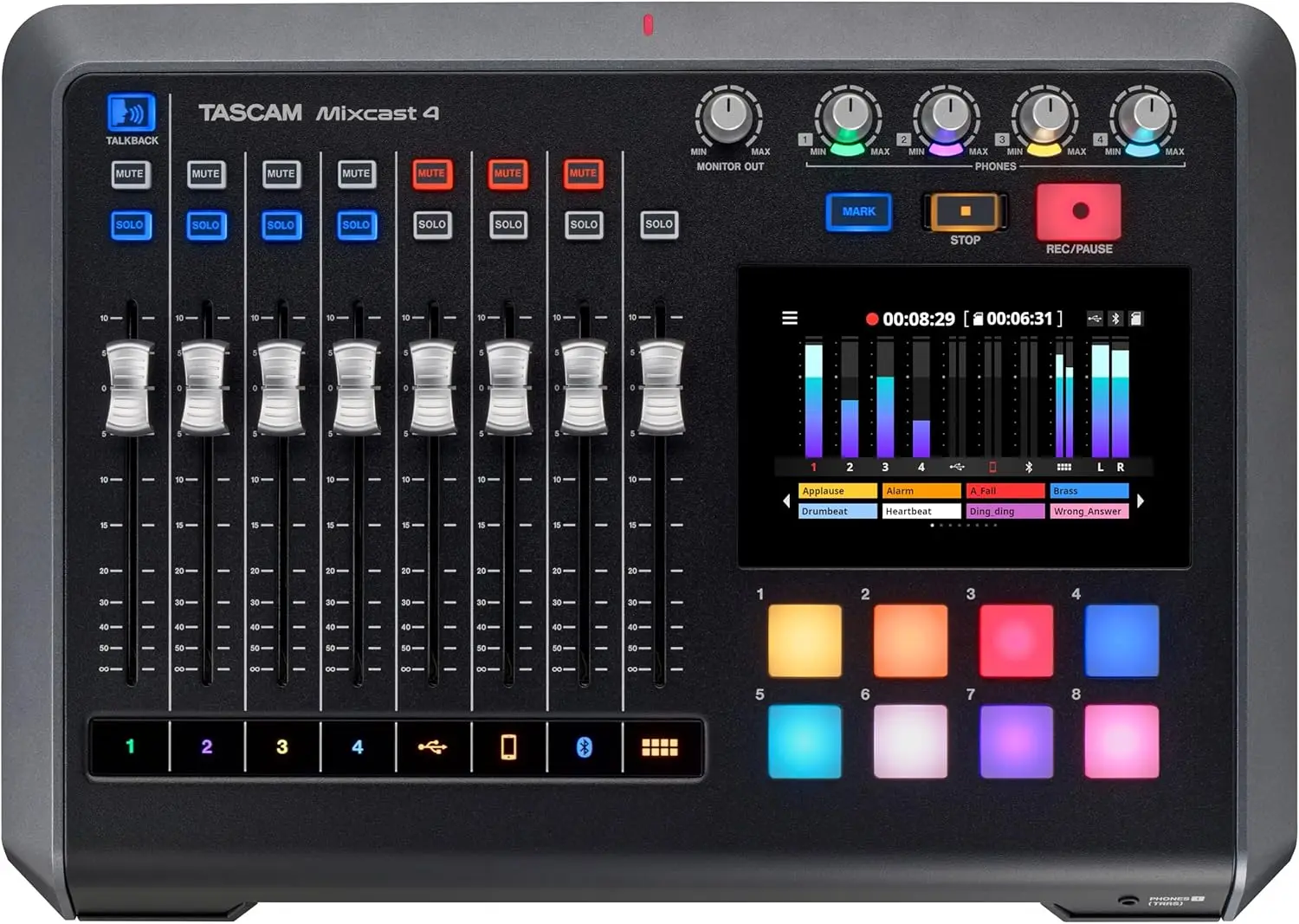 4 Podcast Streaming Mixer, Recorder, and USB Audio Interface — Four XLR/TRS Mic Inputs, Touch Screen and Editing Software