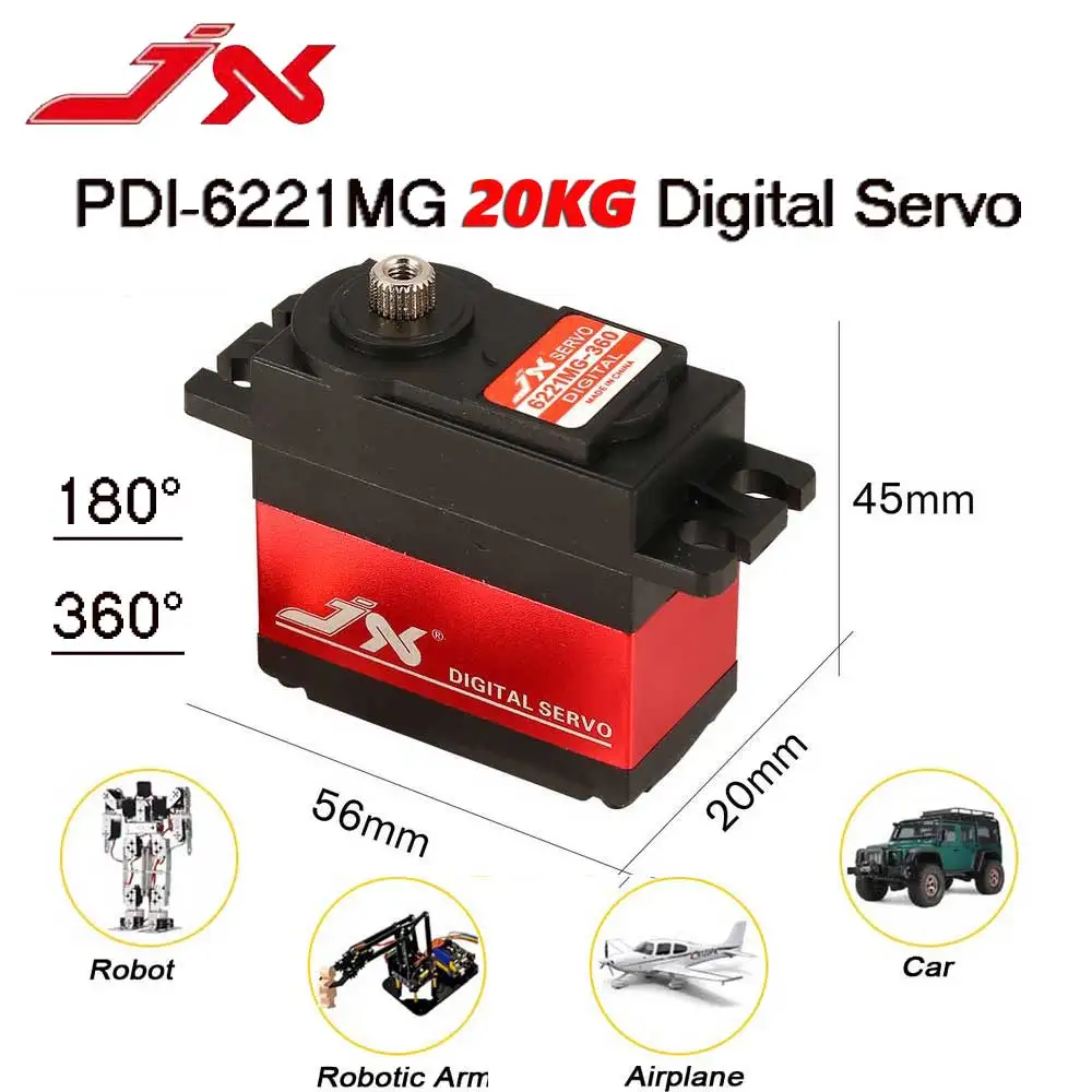 JX PDI-6221MG 20KG RC Digital Servo 180°/360° Metal Gear Waterproof for 1/8 1/10 RC Car Boat Robot Helicopter RC Model Parts