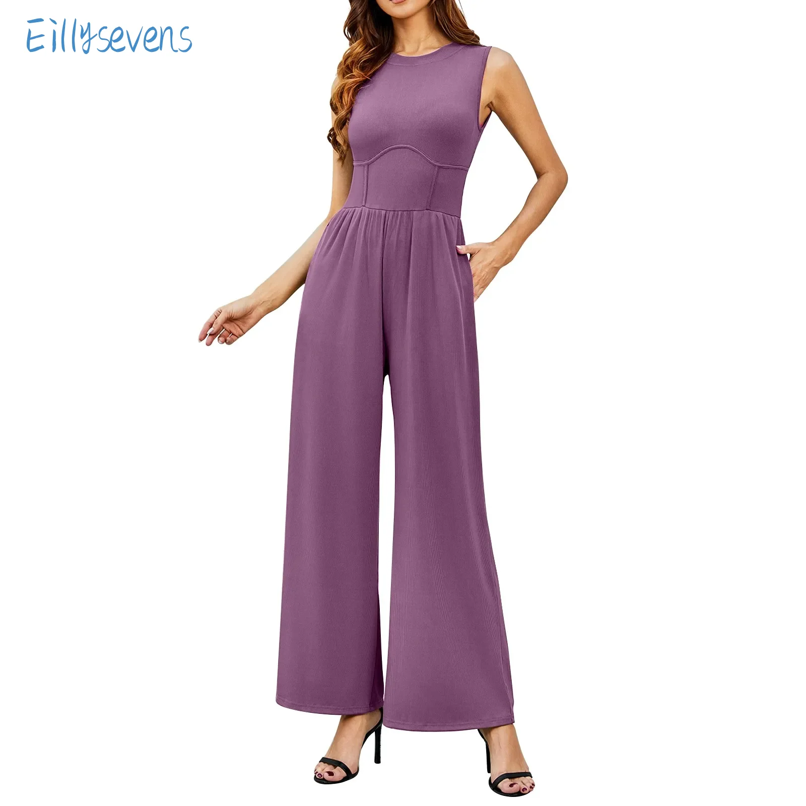 

Women High Waist Jumpsuits Causal Solid Color Sleeveless Wide Leg Tank Jumpsuits Elegant All-Match Straight Rompers With Pockets