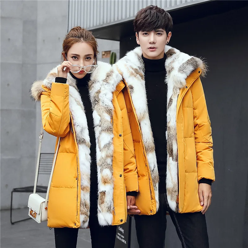 

2022 winter new unisex fashion down jacket thickened Rex rabbit fur long cotton-padded jacket white duck down solid color coat