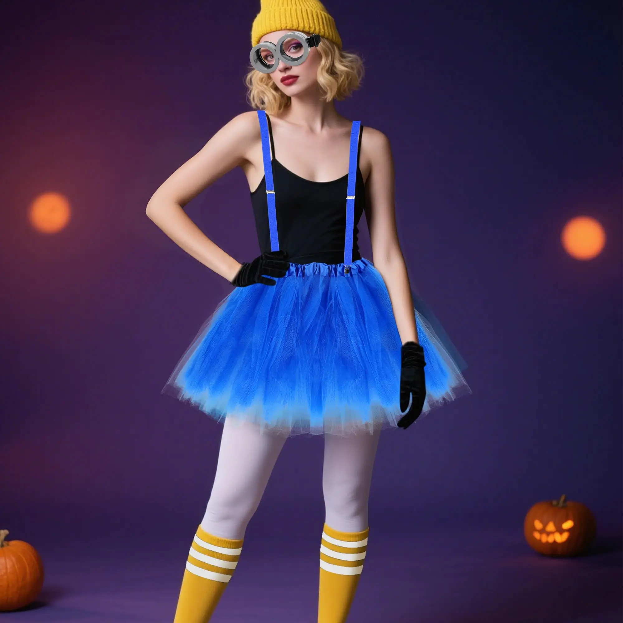 Halloween Kostüm Erwachsene Gelbe Beanie Hüte Handschuhe Steampunk Brille Brille Rock Hosenträger Socken Für Mädchen Jungen Cosplay Set