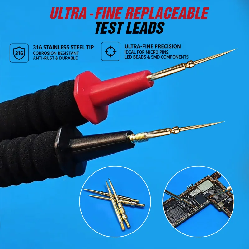 KEGUAN D80T Ultra Fine Multimeter Test Leads 0.3mm Replaceable 316 Steel Probe Tips for PCB Micro IC Pin Repair Measurement Tool