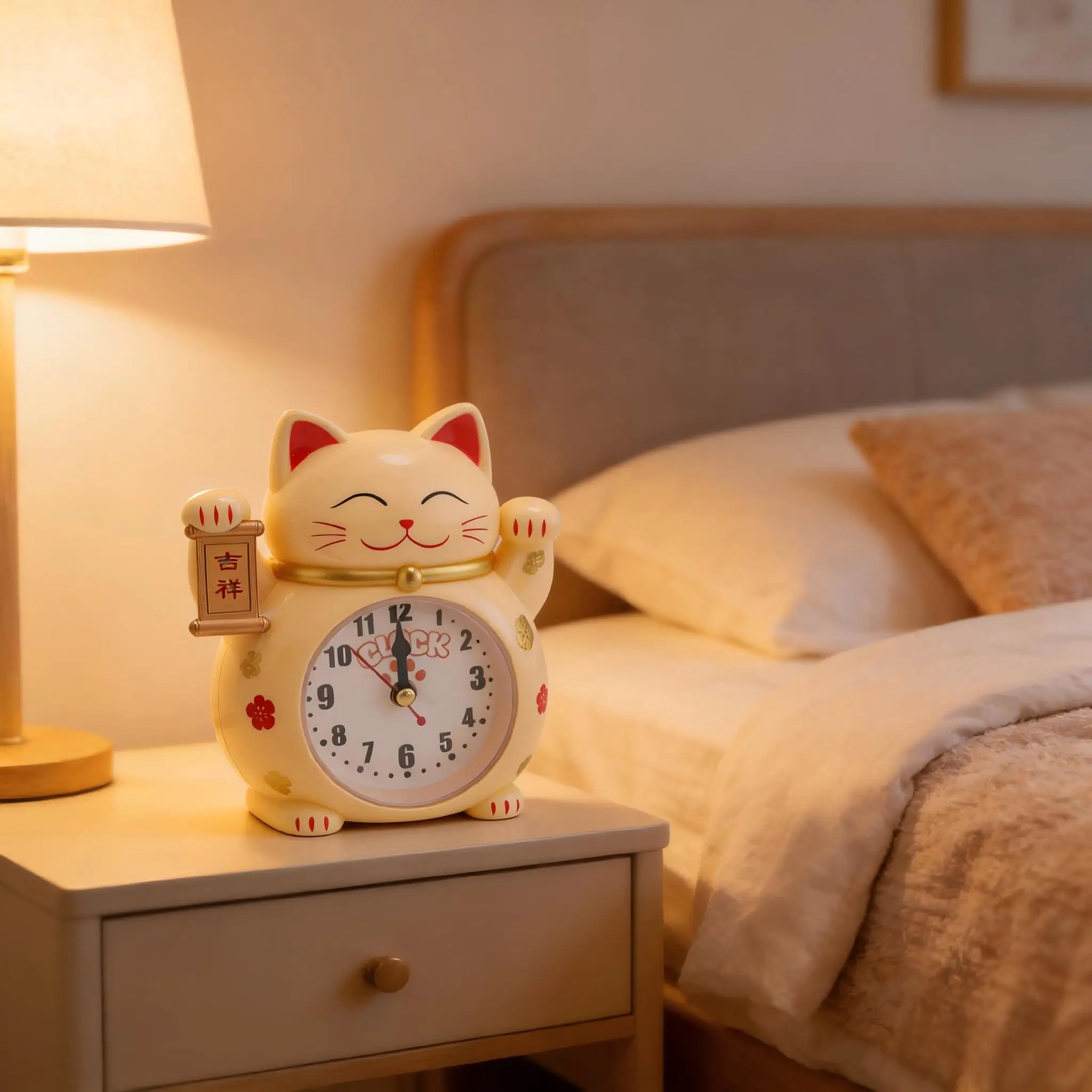 Lucky Cat Alarm Clock Yellow Cute Cartoon Wake Up Clock Quartz Movement Home Students Bedroom Bedside Desktop Decoration