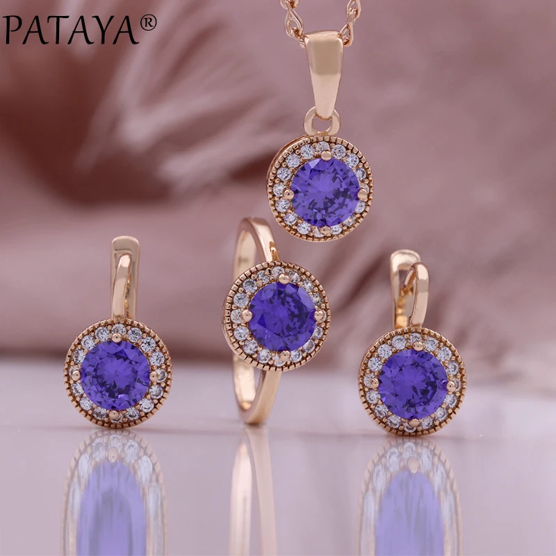 PATAYA Purple Zircon Women 585 Gold Rose Color Round Cubic Zircon Pendant Earrings Rings Sets Necklace Chain Jewelry 2024 New