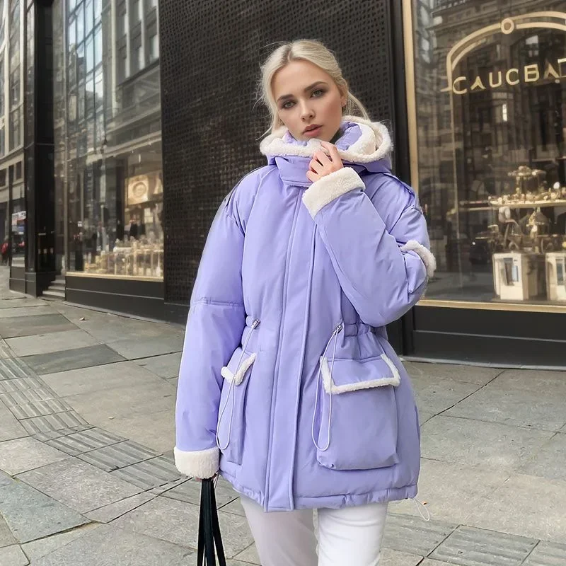 

2025 Women Lamb Wool Cotton Jacket For Winter Contrast Hooded Casual Parkas Coats 2 Pocket Thicken Warm Jacket Women's Clothing