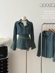 Autumn Winter American Vintage Women 2000s Aesthetic Denim Y2k Outfits 2 Piece Skirt Set Long Sleeve Jean Jacket + Mini Culottes