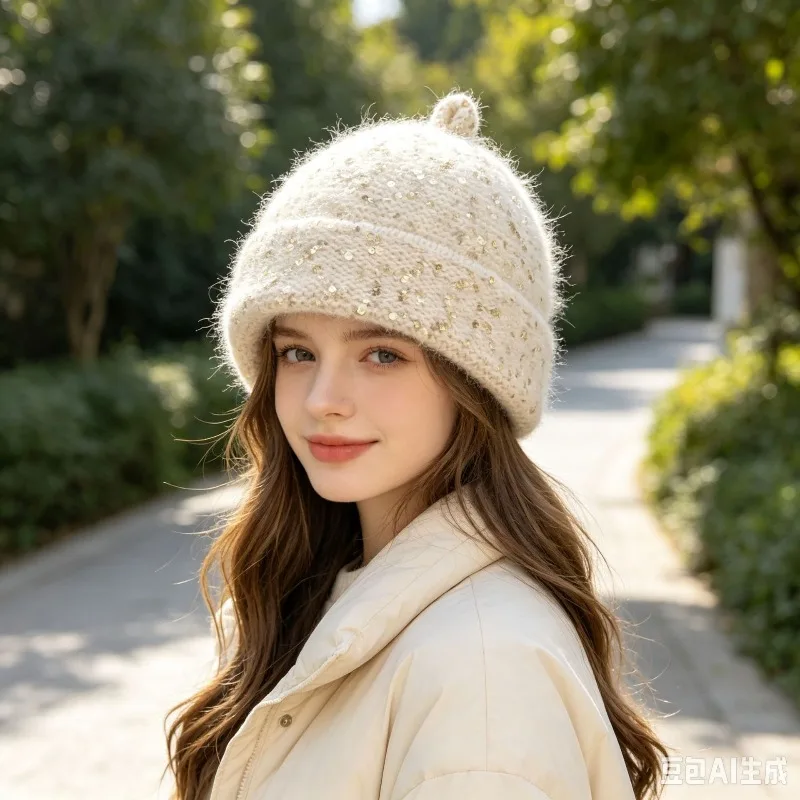 Fashion Sequined Angora Rabbit Fur Blended Knitted Hats for Women Winter Soft Pacifier Hat Ear Protection Warm Beanie Cap