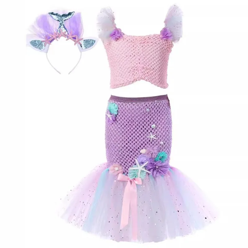 Sparkly Mermaid Princess Dresses for Baby Girls Sea-maid Birthday Party Outfit Kids Halloween Costumes Ocean Trumpet Tutus 2-10Y