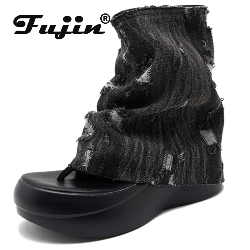 

Fujin 6cm Denim Synthetic Platform Wedge Leisure Sandals Clip Toe Mid Calf Ankle Booties Hollow ZIP Summer Women Fashion Shoes