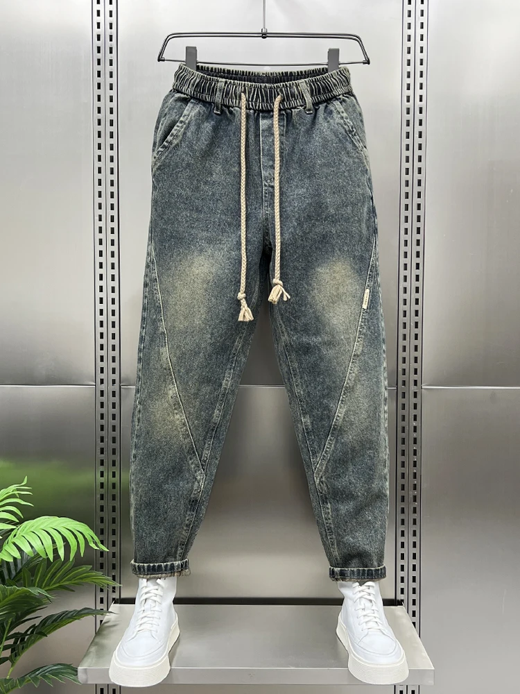 Calça jeans harém casual masculina, calça elástica na cintura, roupas esportivas, jeans, streetwear, estilo coreano