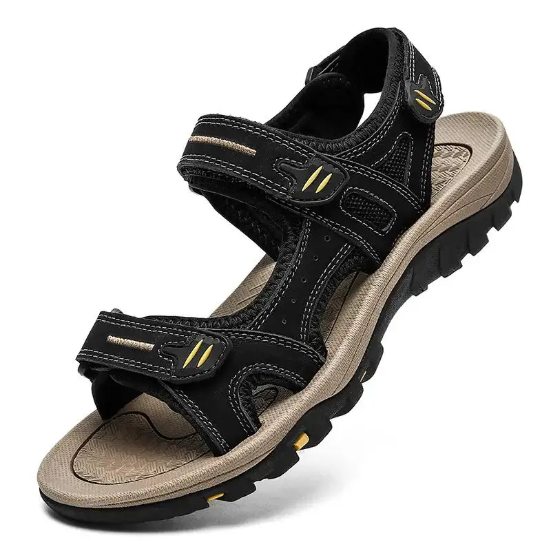 2024 New Summer Man's One Word Hollow Leather Big Size Casual Sport Sandal Soft Sole Non Slip Outdoor Hook Beach Sandal