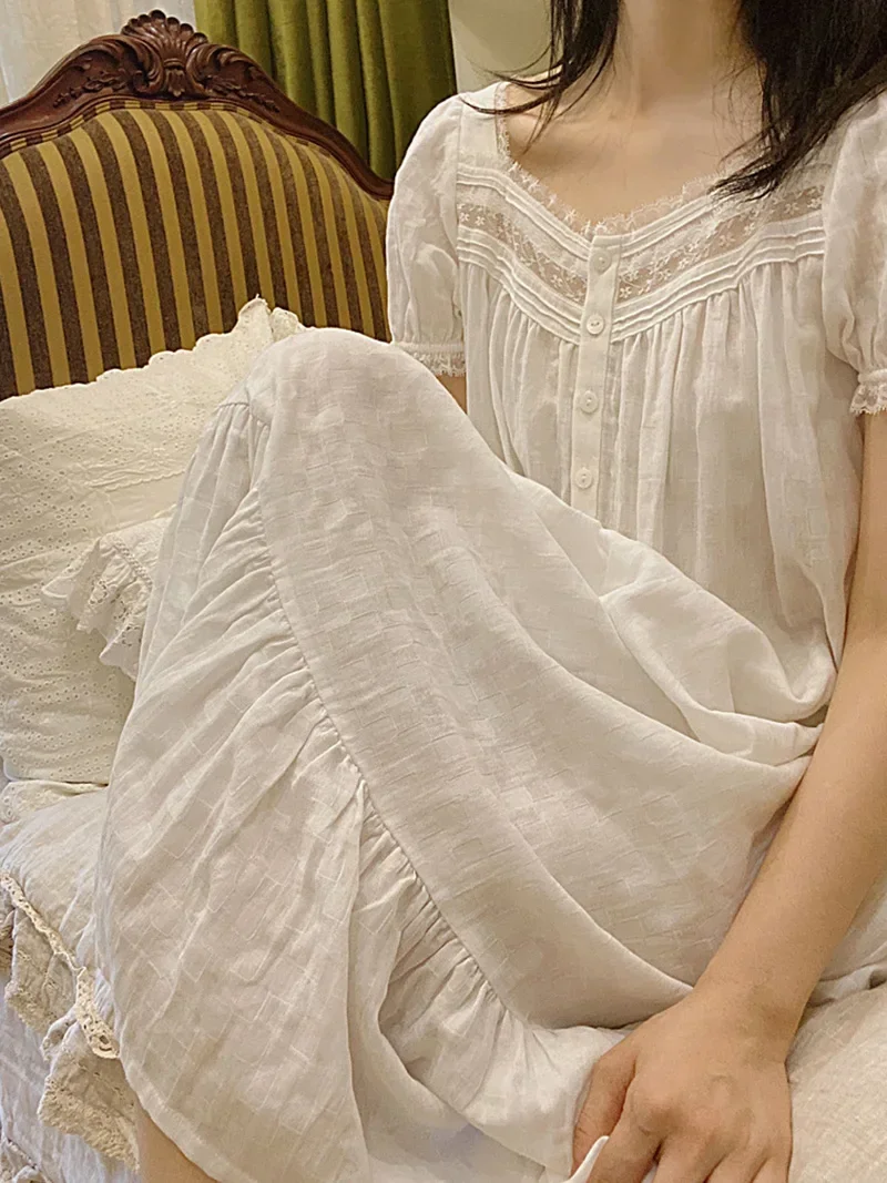 Women Pure Cotton Ruffles Vintage Nightgown Robe Lace Fairy Short Sleeve Victorian Princess Sleepwear Sweet Night Dress Homewear