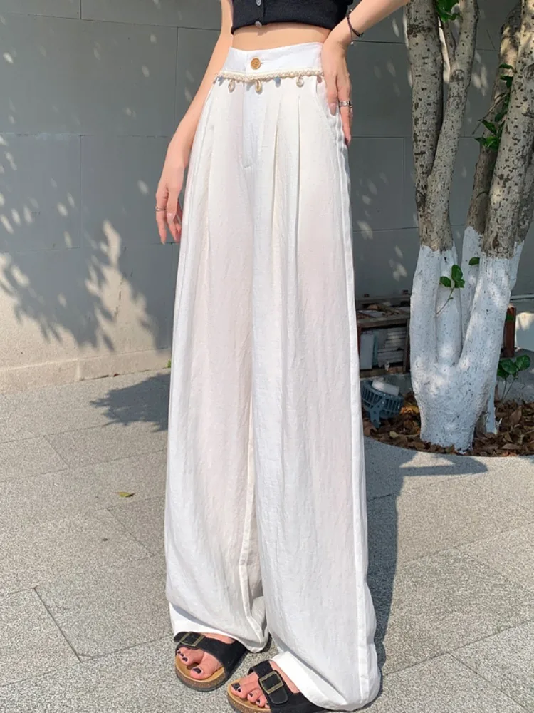 

Богемные широкие прямые льняные брюки для женщин, летние, тонкие, из ледяного шелка, в пол, повседневные, с высокой талией