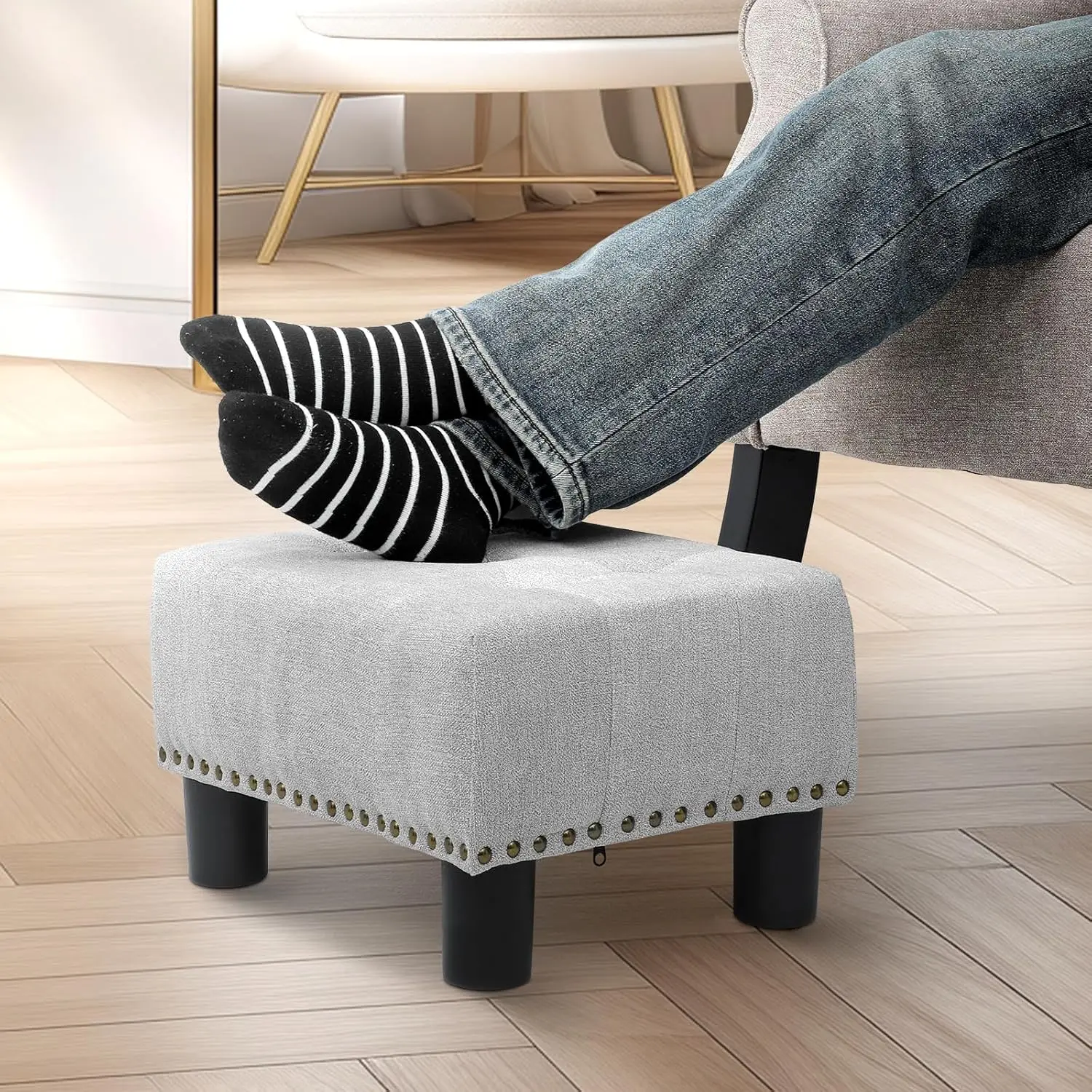 Small Footstool Ottoman, Rectangle Foot Rest with Legs, Linen Step Stool for Couch Living Room Entryway Bedroom, Light Gray