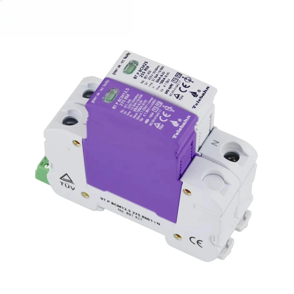 Protetor de Surto AC T1+T2 320V/255V 12.5kA 10/350μs 30-65kA 8/20μs 1P+NPE Certificado TUV Protetor de Surto Monofásico