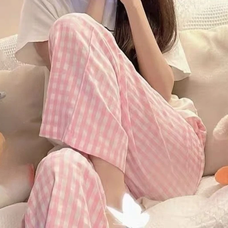 New Summer Loose Plaid Pants Pant Pant Thin Ins Korean Version of Cotton Home Pant Casual Pajama Pants Wide-Legged Pants