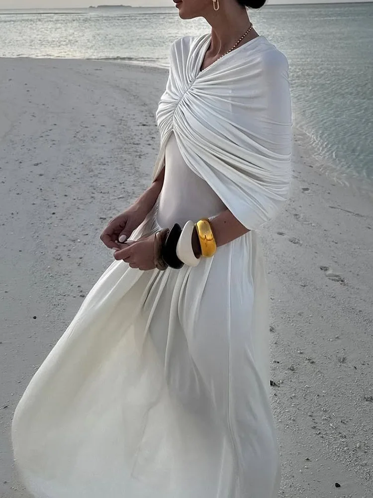 

New V Neck Fashion Patchwork Chic Maxi Dress, Women Summer Short Sleeve Elegant Party Dress, 2025 Solid Beach Style Ladies Dress