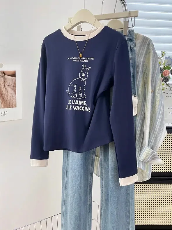 Cartoon Sketch Letter Dog Print Long Sleeve T-Shirt Women's Chic Color Block Fake Two-Piece Shoulder Micro Loose Top Casual S...