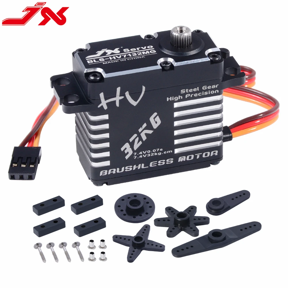 

JX BLS-HV7132MG 71g 32kg.cm@7.4V High Voltage Steel Gear Full CNC Aluminium Shell Structure Digital Brushless Servo for RC Cars