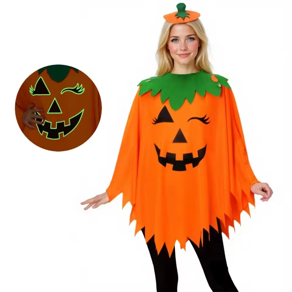 Disfraz de Calabaza Unisex para Adultos, Capa, Chal, Sombrero de Calabaza y Diadema, Conjunto de Disfraces para Halloween, Cosplay para Fiestas de Halloween