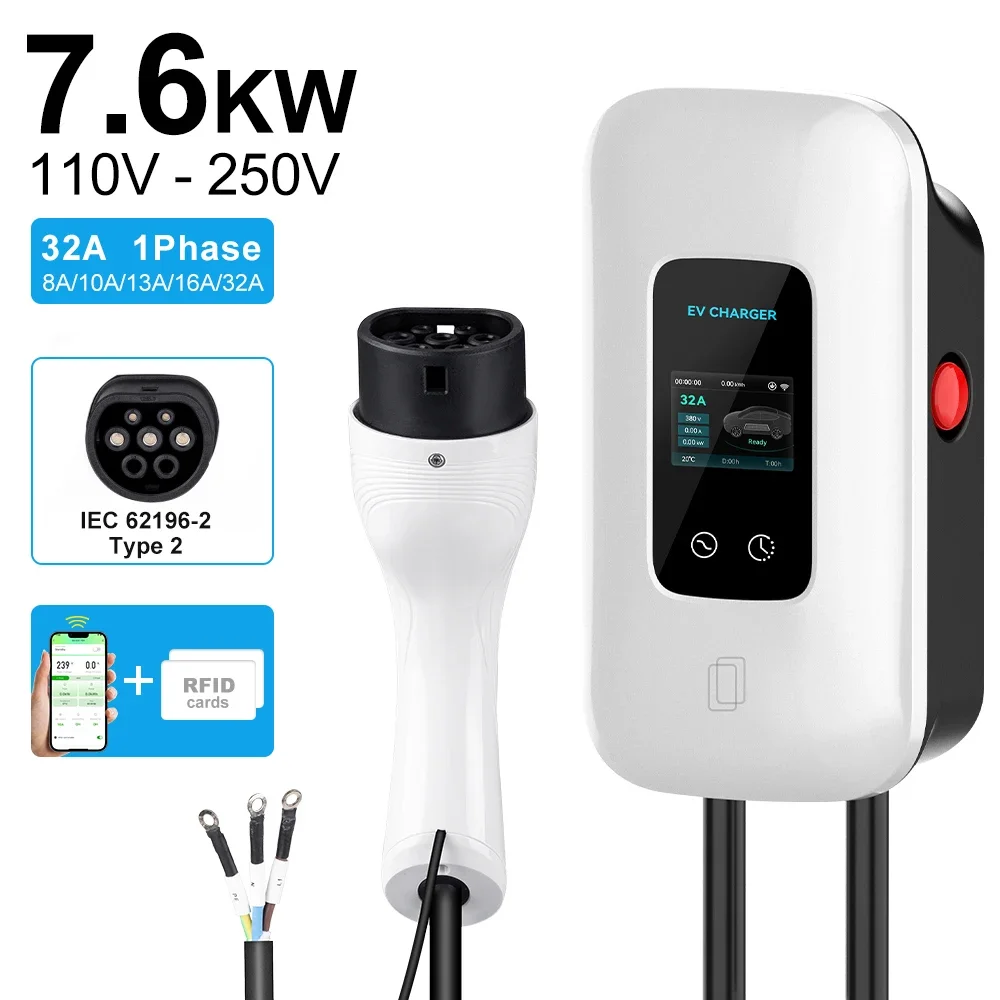 Type 2 AC EV Charger 7Kw 11Kw 22Kw Wallbox Electric Vehicle Fast Charging Pile Wall-mounted Electric Car AC EV Charging Station