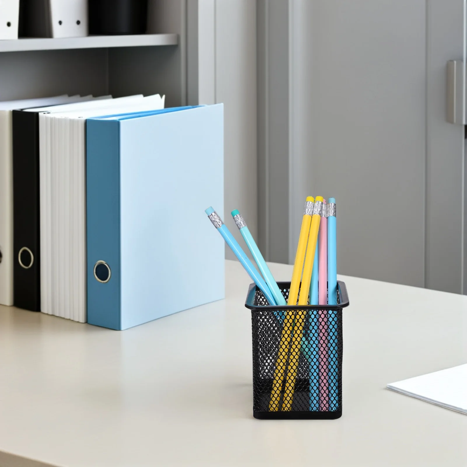 

Metal Hollow Pen Holder Pencil Organizer Silver Mesh Pot Desktop Oragnizer Square for Container
