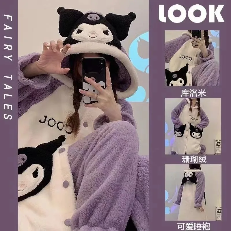 Hello Kitty Kuromi ma chemise de nuit mélodie pyjama à capuche en velours corail pour femmes hiver plus velours épaissi chaud ensemble de vêtements de maison