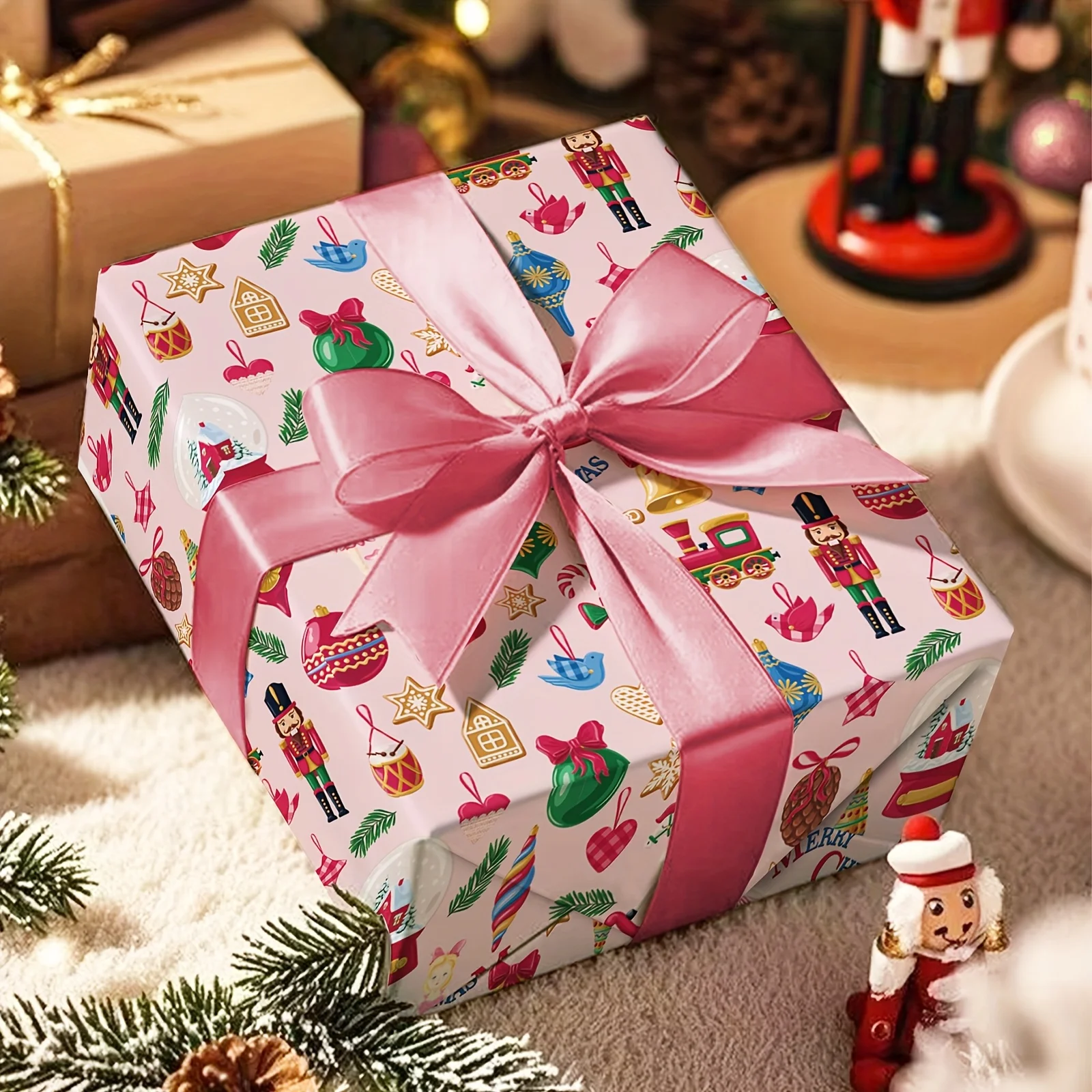 1 Roll of Christmas Wrapping Paper |   Snowflake Balls in Foundation Colors, Ballet Girls, Nutcrackers, Gingerbread Men, Decorative Balls, Bells, Trains, Rocking Horses, and “Merry Christmas” Designs - Suitable for Holiday Gift-Giving, Girly Holiday Decorations - 43.2cm × 500cm (17inch × 16.5 Feet)