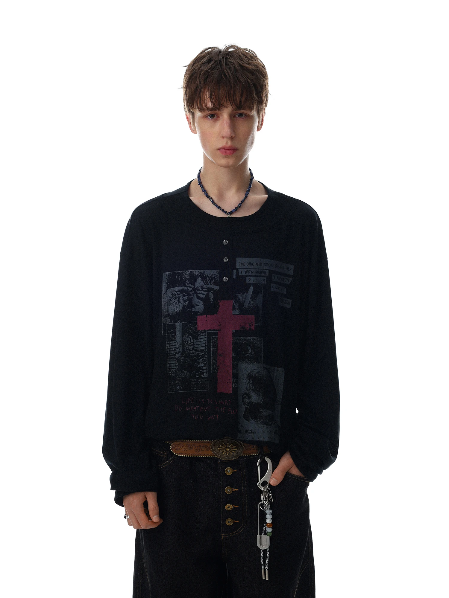 Washed Long Sleeve T-Shirt Men's Rock Print Street Style Fun American Print Casual Loose Fit round Neck Spring Summer Top