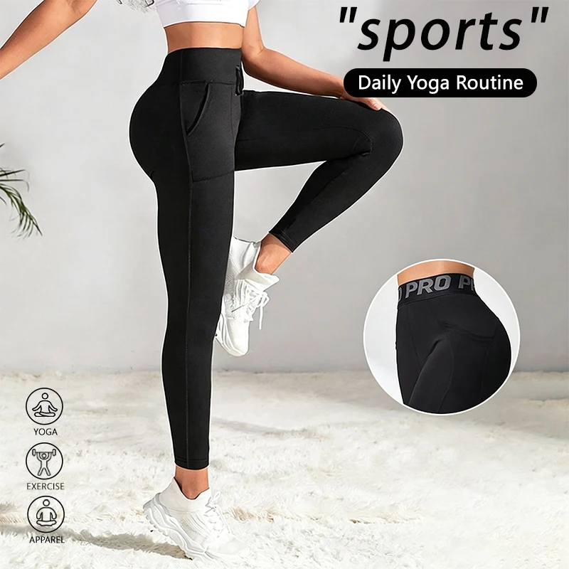 

Женские черные леггинсы для йоги с высокой талией и карманами, эластичные брюки на шнурке для фитнеса, бега, повседневной носки, уличной моды и вечеринок