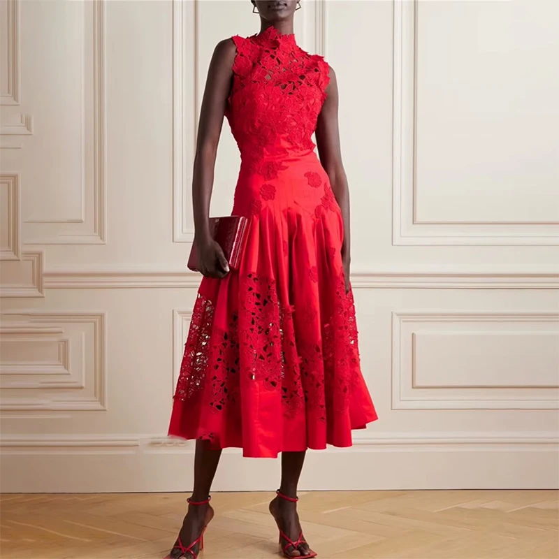 

Sexy High Neck Red Formal Evening Dresses Flower design Cut-out A-line Prom Dresses Customized فساتين سهرة