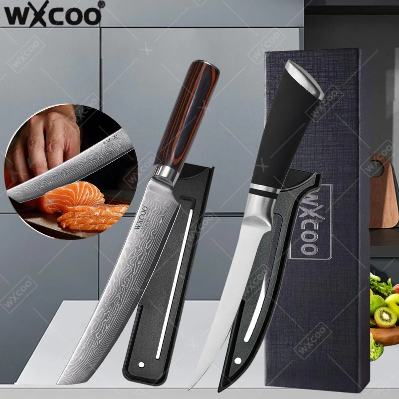 WXCOO Stainless Steel Boning Damascus Steel Kitchen Knife Fish Cleaver Fillet Knife with Non-Slip Handle Butcher BBQ Cutting