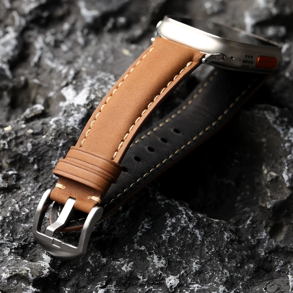 Handmade Head Layer Cowhide Leather Strap For iWatch Apple Watch Ultra2 S9 S8 49mm 45mm 44mm Brown Black Men Soft Bracelet