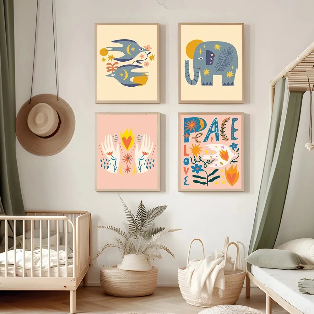 Abstract Birds Elephant Tiger Flower Rainbow Power Peace and Love Poster for Wall Canvas Prints Nursery Kids Home Decor Pictures