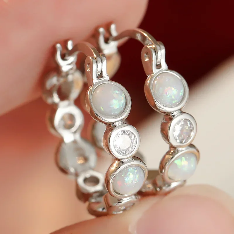 Fashion Silver Plated Classic Hoop Earrings For Women Inlay Imitation Opal Exquisite Ear Buckle Banquet Party Jewelry