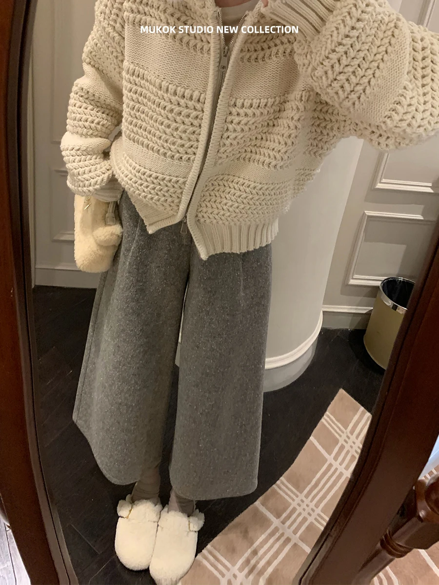 

MUKOK High Quali Loose Knit Hat Coat Double Zipper Lazy Sle ort Outerwear Women's Commute Sle Thiened Long Sve