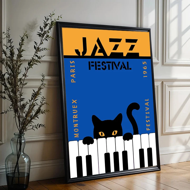 Jazz Music Black Cat Play Piano Man with Saxophone  Cello Art Poster Canvas Painting Wall Prints Picture for Room Home Decor