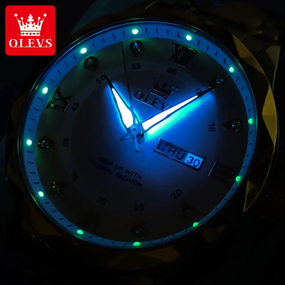 OLEVS Men\'s Watches Rhombus Design Black Stainless steel Calendar Week Waterproof Luminous Original Quartz Wrist watch for Men