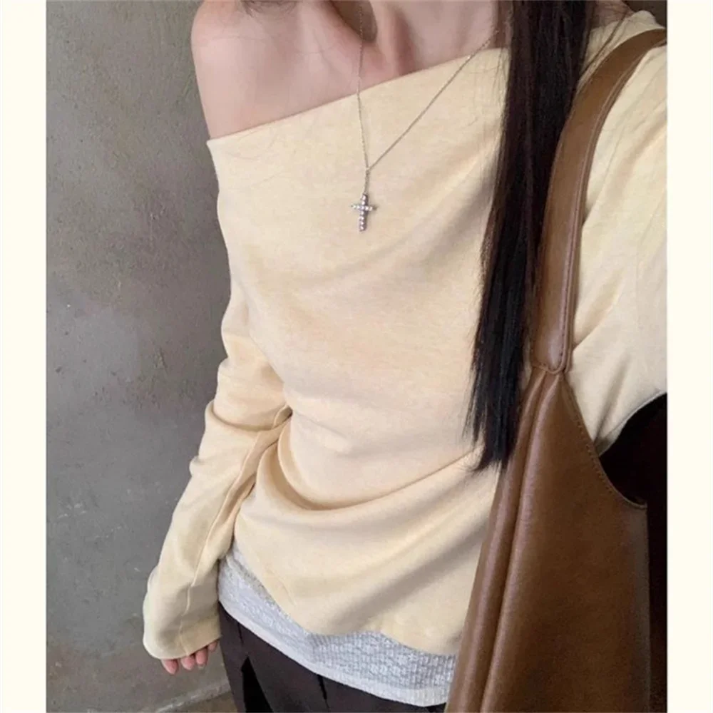 Желтые кружевные футболки, женские футболки из двух предметов с длинными рукавами, ранняя осень, модный дизайн, винтажная футболка из модала, женские топы