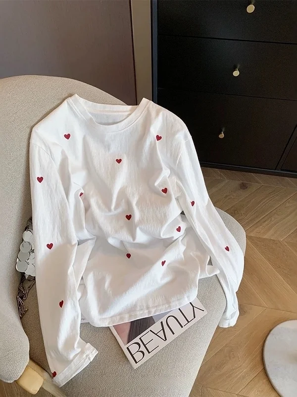

plus Size Women's Long Sve T-irt Heart Print Loose Fit round Ne Spring Autumn Sle Comfortable Cotton Casual Top