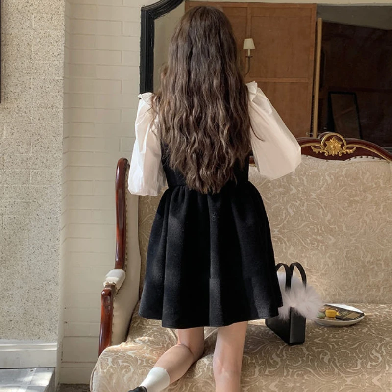 Sweet Dress Sets Women Solid Loose Puff Long Sleeve Lovely Girls Clothing New Spring Young Single Breasted Fashion All-match