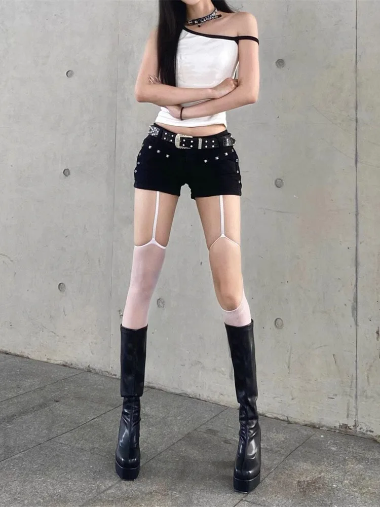 

Sexy American Low Waist Denim Super orts Women Y2K Spicy Girl Design Sense Rivet Slim A-Line Wraparound Hot Pants