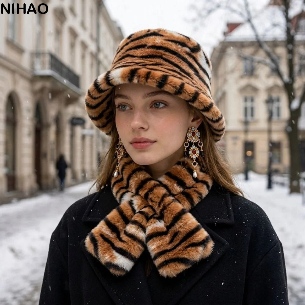 Thick Warm Faux Fur Hat Soft Fluffy Animal Print Cross-tie Scarf Comfortable Fit Luxury Thermal Plush Neck Warmer Shopping Trip